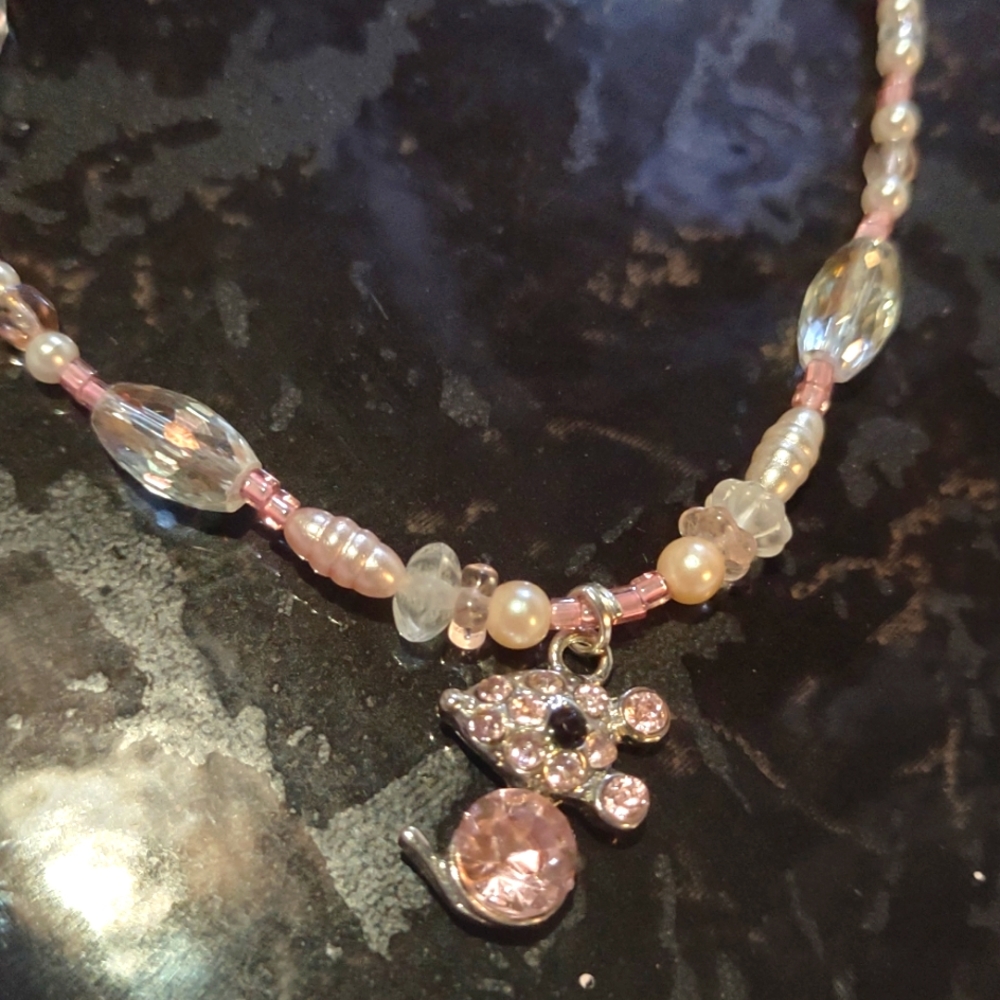 Dainty Pearl and Crystal Beaded Pink Mouse Necklace Valentine's Day Gift